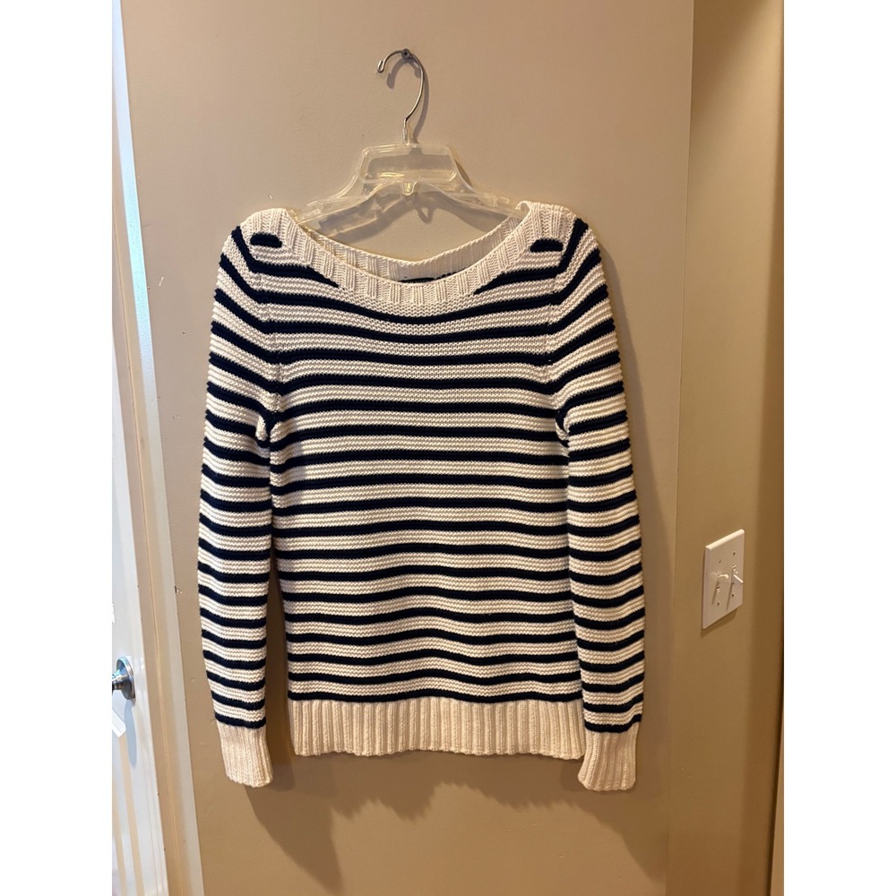 Talbots Petites Navy Blue White nautical Striped Cotton Boat Neck Sweater SP